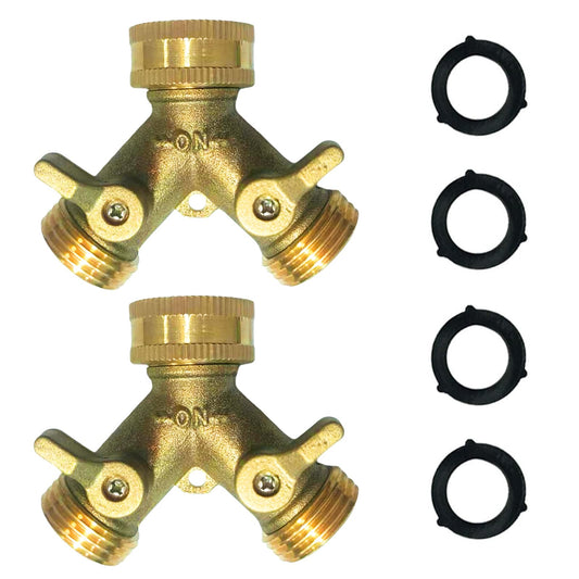 Anxingo 2 Way Heavy Duty Brass Garden Hose Connector Splitter Y Shut Off Valve for Lawn and Garden, Outlet Hose Splitter, Hose Spigot Adapter with 2 Valves, 3/4" GHT Thread 4 Rubber Washers