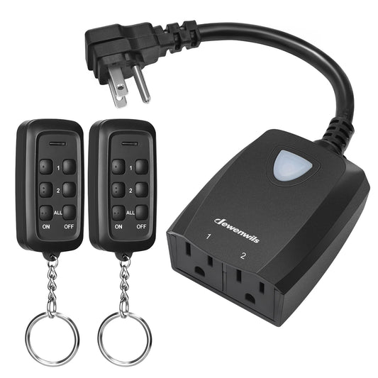 DEWENWILS Outdoor Wireless Remote Control Outlet, 2 Independent Control Sockets Weatherproof Electrical Remote Control Switch, 15A Heavy Duty with 2 Remote, 7 Inch Cord, 100 FT Range