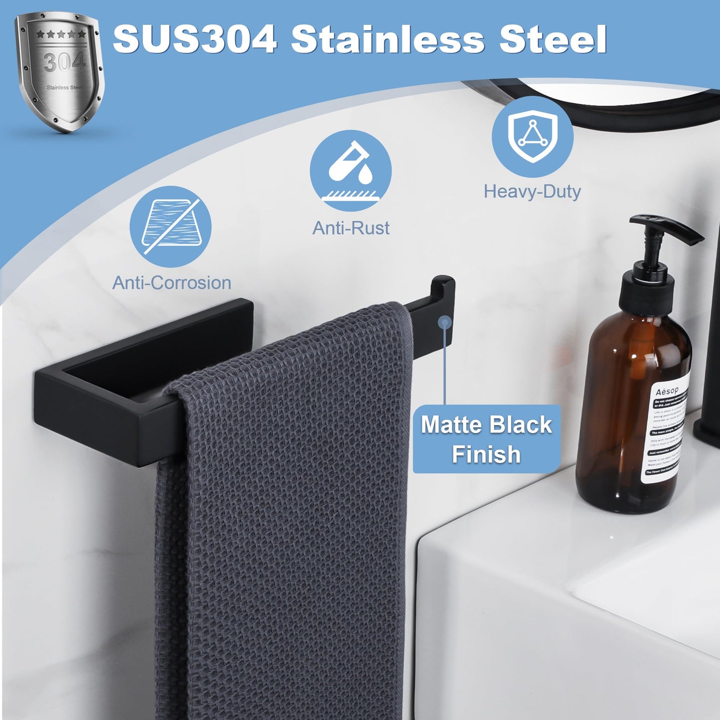 Sayayo Black Hand Towel Holder, Towel Bar Towel Rails Wall Mounted, Hand Towel Ring for Kitchen Toilet Bathroom, SUS304 Stainless Steel, 10 Inch, GKN2212-B