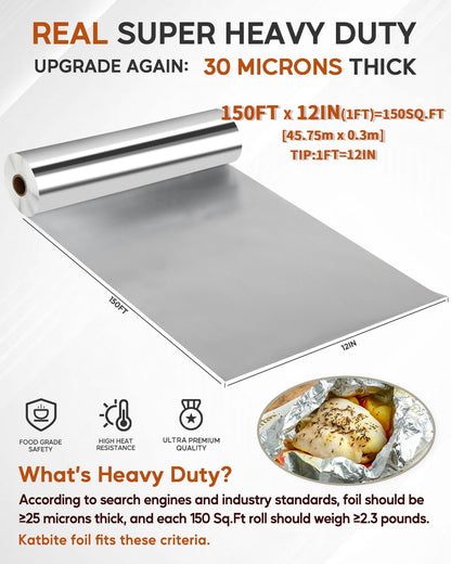 Katbite Aluminum Foil Roll, Heavy Duty 12inx150ft, 30 Micron Thick Strong Foils Aluminum Roll with Cutter for Home Cooking, Catering, Grilling,150Sqft