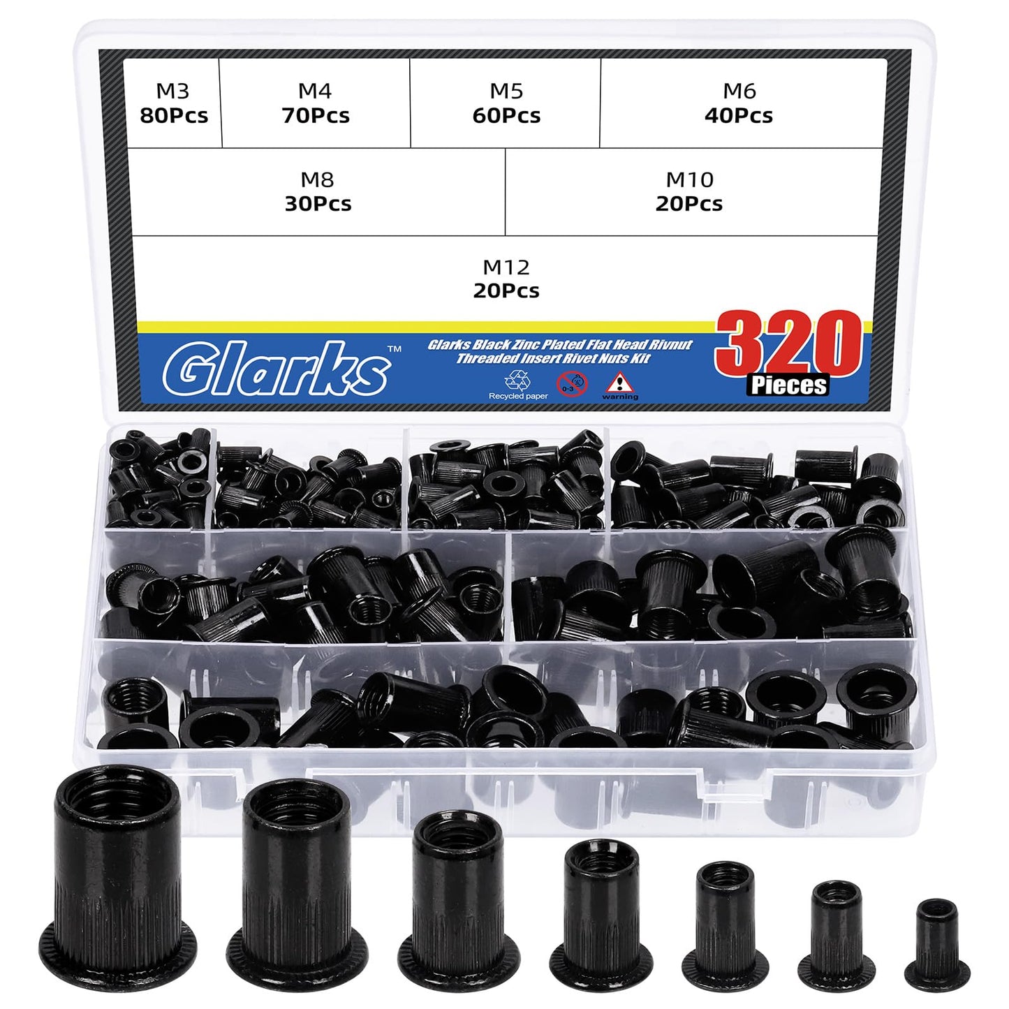 Glarks 320Pcs Metric Rivet Nuts Kit M3 M4 M5 M6 M8 M10 M12 Rivet Nuts Black Zinc Plated Carbon Steel Flat Head Rivnut Threaded Insert Rivet Nuts Assortment Set