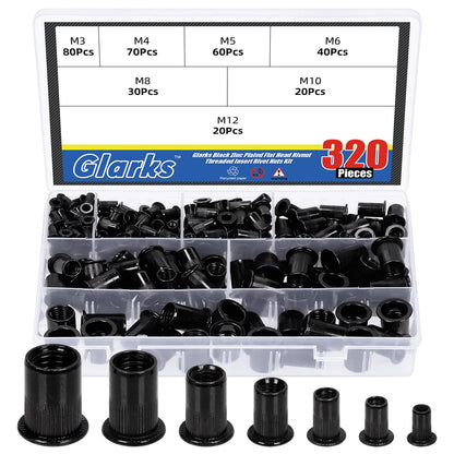 Glarks 320Pcs Metric Rivet Nuts Kit M3 M4 M5 M6 M8 M10 M12 Rivet Nuts Black Zinc Plated Carbon Steel Flat Head Rivnut Threaded Insert Rivet Nuts Assortment Set