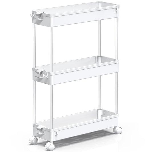 SPACEKEEPER Slim Rolling Storage Cart, Laundry Room Organization, 3 Tier Mobile Shelving Unit Bathroom Organizer Utility Cart for Kitchen, Narrow Places,White