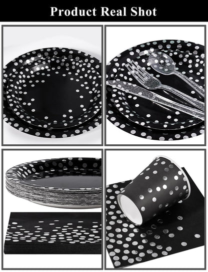 Nkaiso Paper Plates Napkins Cups Set, 141 Pieces Black and Silver Kids Birthday Party Tableware Party Supplies Set Includes Paper Plates Napkins Cutlery for Wedding Shower Engagement -20 Guests