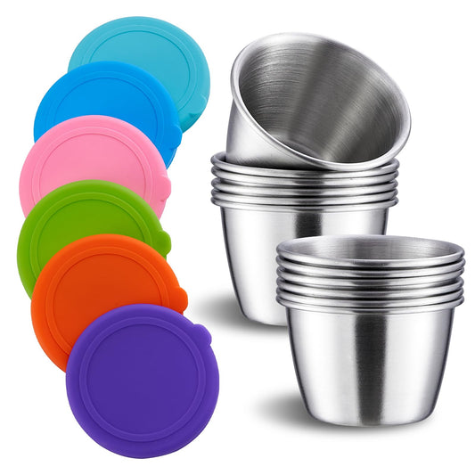 Onlycooker 12 Piece 2.4oz Small Condiment Containers with Lids, Salad Dressing Container To Go,18/10 Stainless Steel Sauce Container with Silicone, Leakproof,Small Dipping Sauce Cups