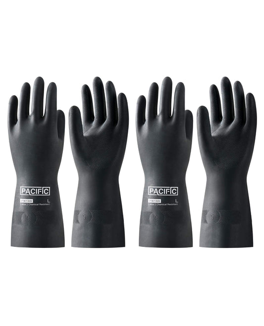 PACIFIC 2 Pairs Chemical Resistant Gloves, Heavy Duty Industrial Rubber Gloves, Resist Acid, Alkali and Oil, 12.6", Large
