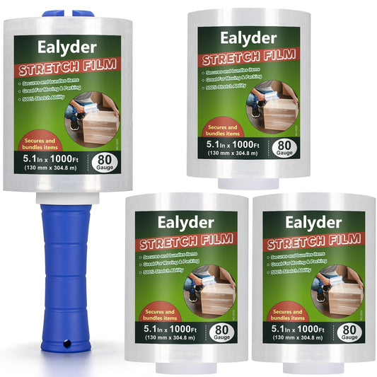 Ealyder Tape 4-Pack Industrial Mini Stretch Wrap Film 80 Gauge 5.1" 1000ft, Self-Adhering Clear Hand Stretch Wrap with Plastic Handle for Packing, Shipping, Moving & Pallet Bundling