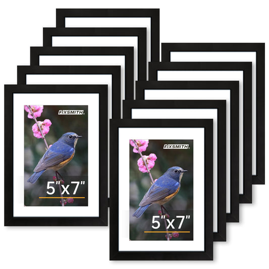 FIXSMITH 5x7 Picture Frame Set of 10, Photo Frame Bulk with HD Plexiglass, Display Pictures 4x6 with Mat or 5x7 Without Mat Multi Picture Frames Collage for Tabletop or Wall Display, Black