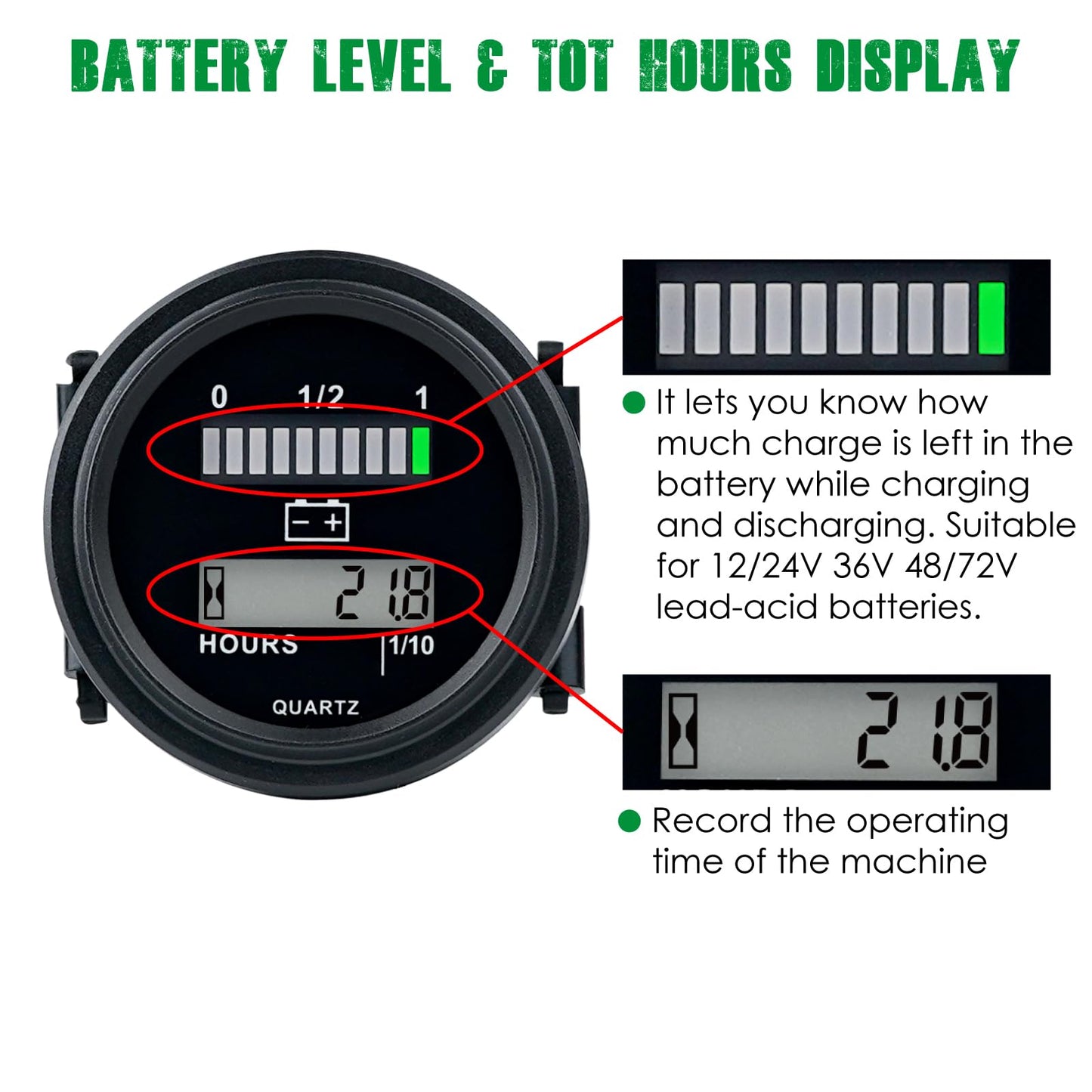 Yooreal 12/24V 36/48V 72V Golf Cart Battery Meter,Hour Meter&Battery Indicator Gauge Meter Lead-Acid Battery,Charging Reminder,Easy Installation for Golf Cart Club Car RV Forklift Tractor ETC