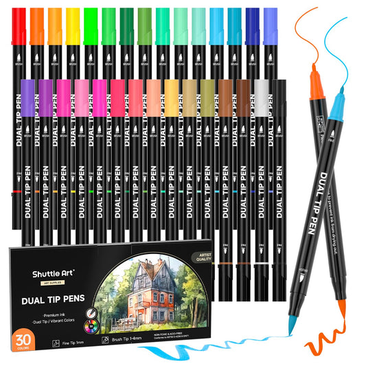 Shuttle Art Dual Tip Brush Pens Art Markers, 30 Colors Calligraphy Pens Fine and Brush Dual Tip Markers Set Perfect for Adult Artist Calligraphy Hand Lettering Journal Doodling Writing