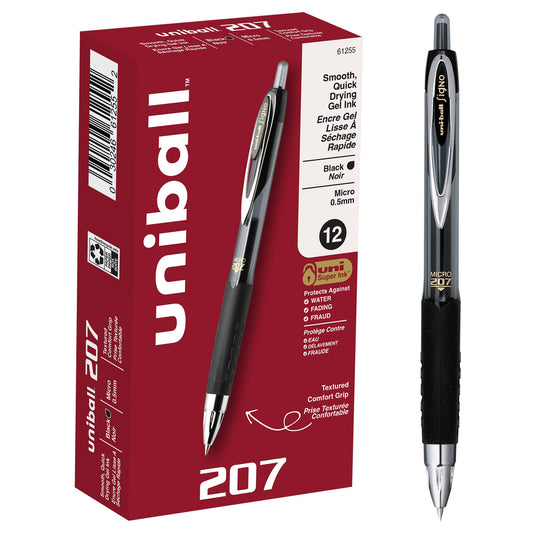 uni-ball 207 Rollerball Gel, Gel Retractable Roller Ball Pen Micro-0.5mm, 12 Pack, Black Ink (1937936)