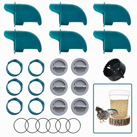 Chicken Feeders No Waste 6 Ports + Holesaw, Automatic Chicken Feeder, Rain Proof Poultry Feeder for Chickens, Duck, Geese, Birds, Quail