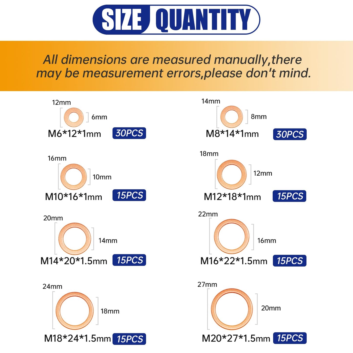 Hengzemei 150pcs Copper Washers Kit Oil Drain Plug Crush Washer Kit Metric Sealing Flat Washers Assortment Set 8 Sizes M6 M8 M10 M12 M14 M16 M18 M20