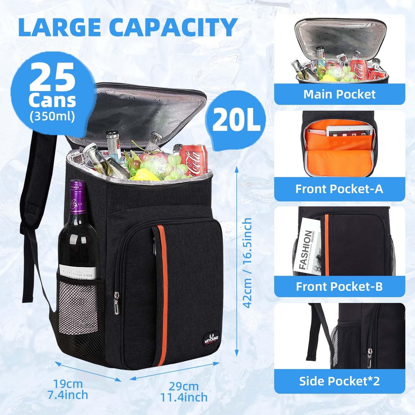 Bagtopia Camping Cooler Backpack 25 Cans, Leak Proof Soft Insulated Compartments Thermal Bag, Portable Lightweight Beach Travel Trip Picnic Lunch Backpack for Men and Women, Stripes-Black