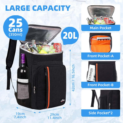 Bagtopia Camping Cooler Backpack 25 Cans, Leak Proof Soft Insulated Compartments Thermal Bag, Portable Lightweight Beach Travel Trip Picnic Lunch Backpack for Men and Women, Stripes-Black