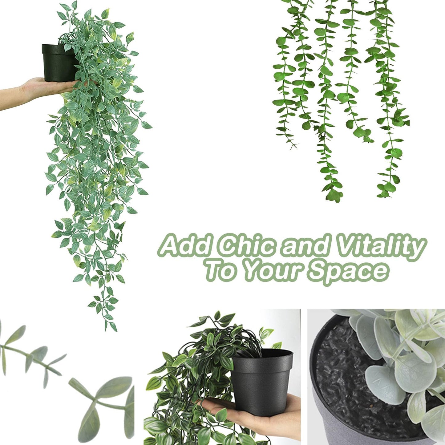 Artificial Hanging Plants 3Pcs Potted Greenery Decor - Grey Eucalyptus Mandala Snow Pea Vine in Pot Plants for Office Farmhouse Home Indoor Outdoor Decor