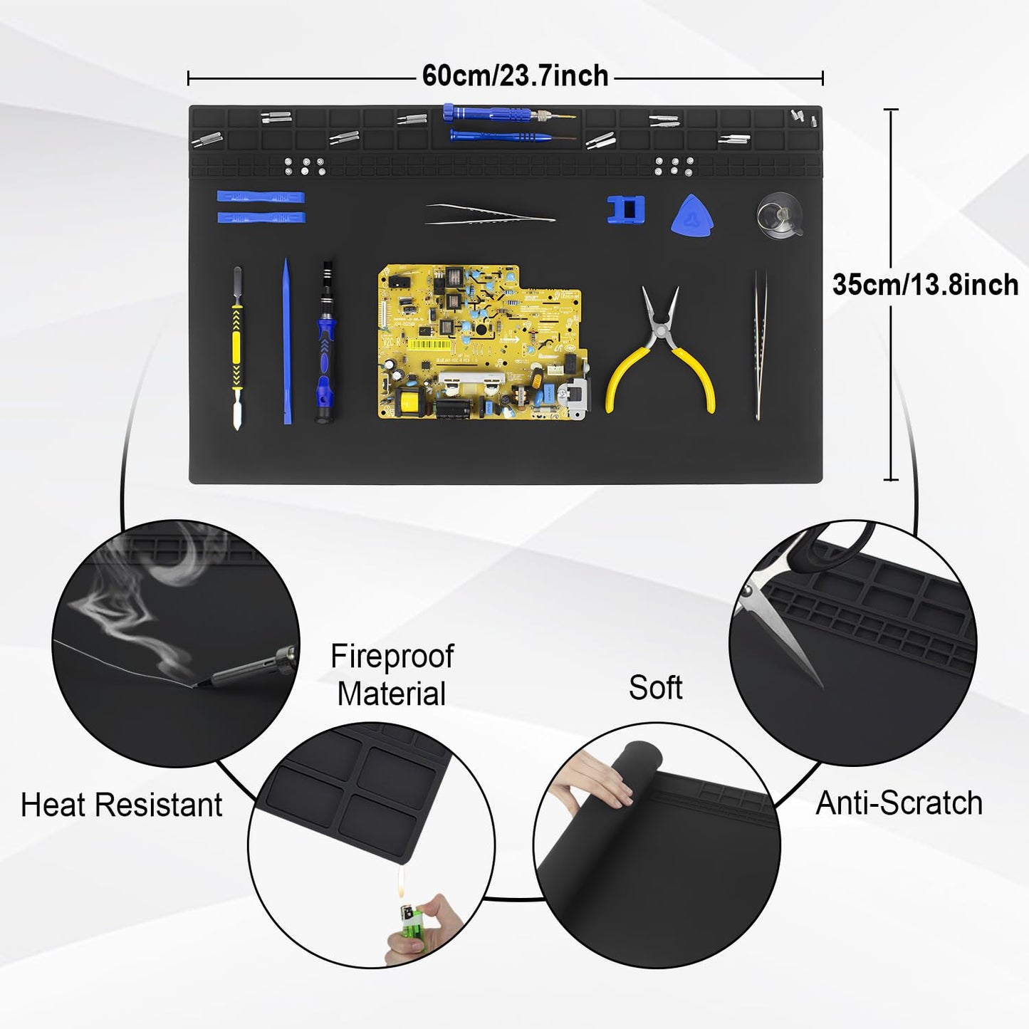 60x35cm Heat Resistant Large Silicone Soldering Mat with Grounding Accessories and Anti Static Wrist Strap, Repair ESD Safe Work Mat for Soldering, Computer, Cellphone Workbench Protection Etc (Black)