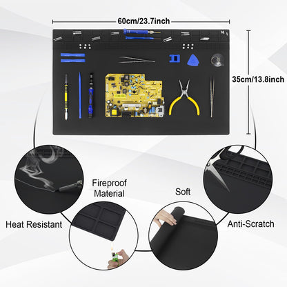 60x35cm Heat Resistant Large Silicone Soldering Mat with Grounding Accessories and Anti Static Wrist Strap, Repair ESD Safe Work Mat for Soldering, Computer, Cellphone Workbench Protection Etc (Black)