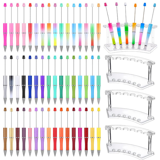52 Pcs Beadable Pens Bulk Set, 48 Plastic Beaded Pen with 4 Clear Display Stands, Refillable Black Ink Cute Craft Pens for DIY, Personalized Gifts, Classroom Rewards, School, Office