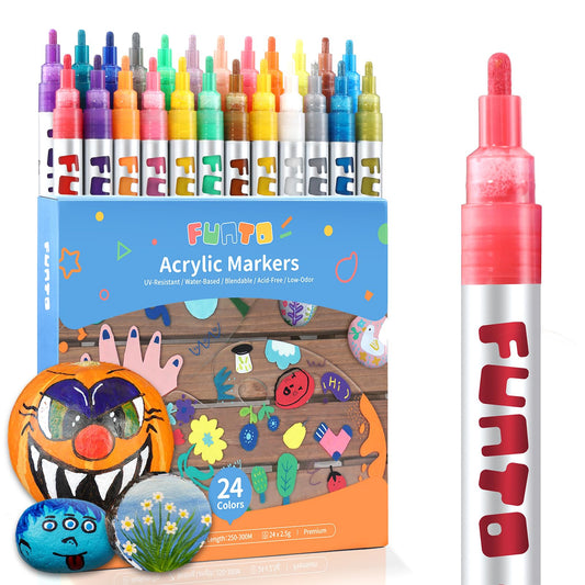 Funto Acrylic Paint Pens for Rock Painting, Fabric, Wood, Canvas, Metal, Ceramic, Glass, 24 Colors Professional Paint Marker Set, Medium Tip, Quick Drying, for Adult Artists