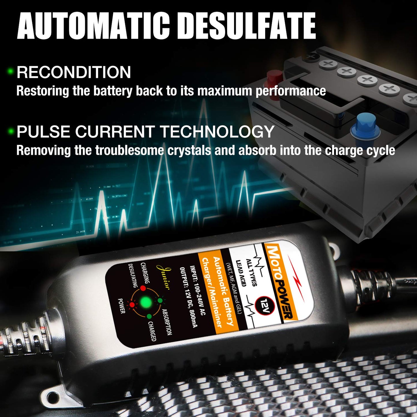 MOTOPOWER MP00205A 12V 800mA Automatic Battery Charger, Battery Maintainer, Trickle Charger, and Battery Desulfator