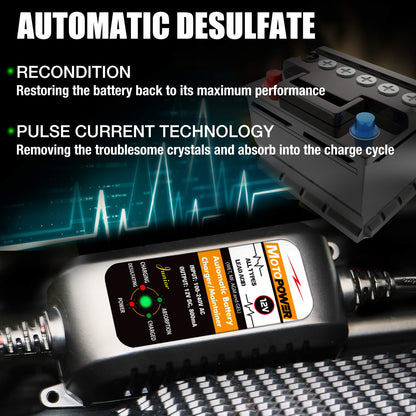 MOTOPOWER MP00205A 12V 800mA Automatic Battery Charger, Battery Maintainer, Trickle Charger, and Battery Desulfator