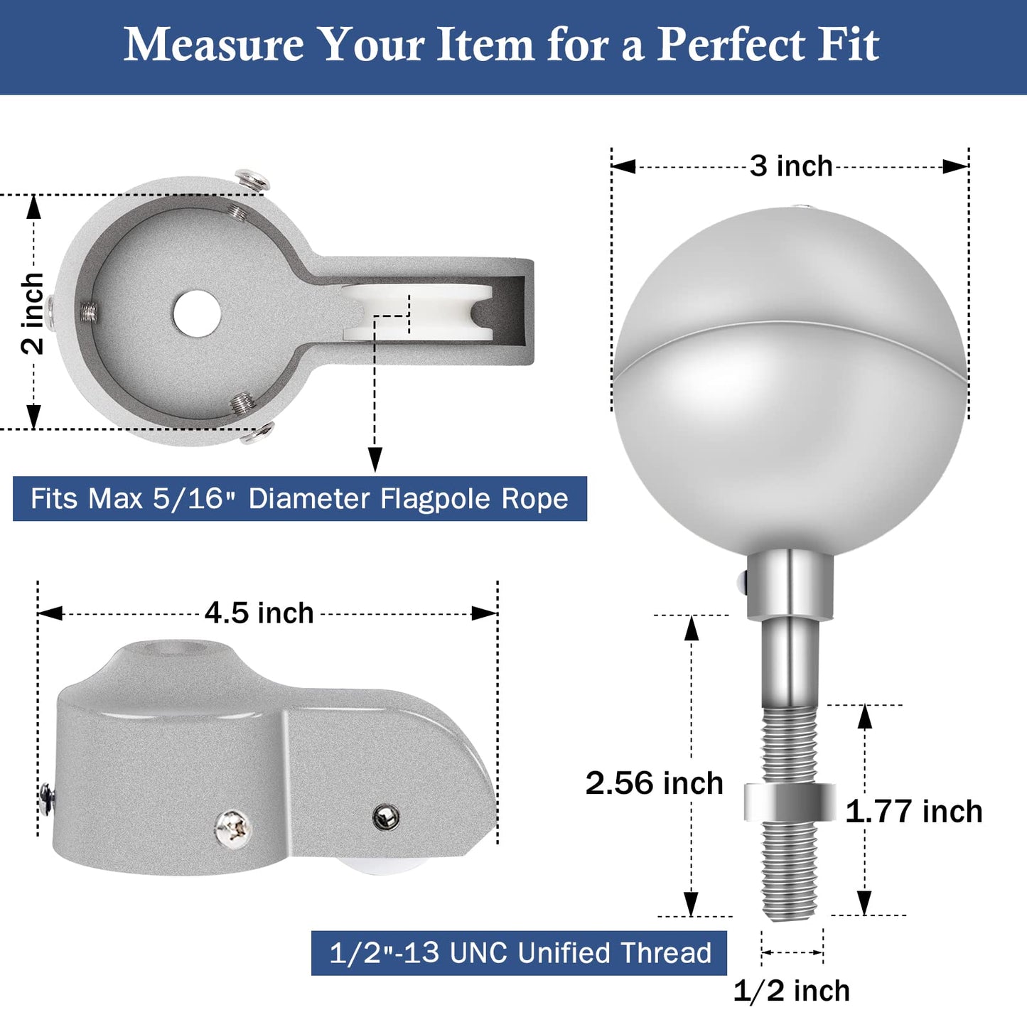 NQ Flagpole Hardware Repair Parts Kit-50Ft Halyard Rope 3" Silver Ball + 6" Zinc Alloy Cleat + 4PCS Metal Swivel Snap Clips + Aluminum Alloy Flagpole Truck with Nylon Pulley for 1.6"-2" Flagpole Top