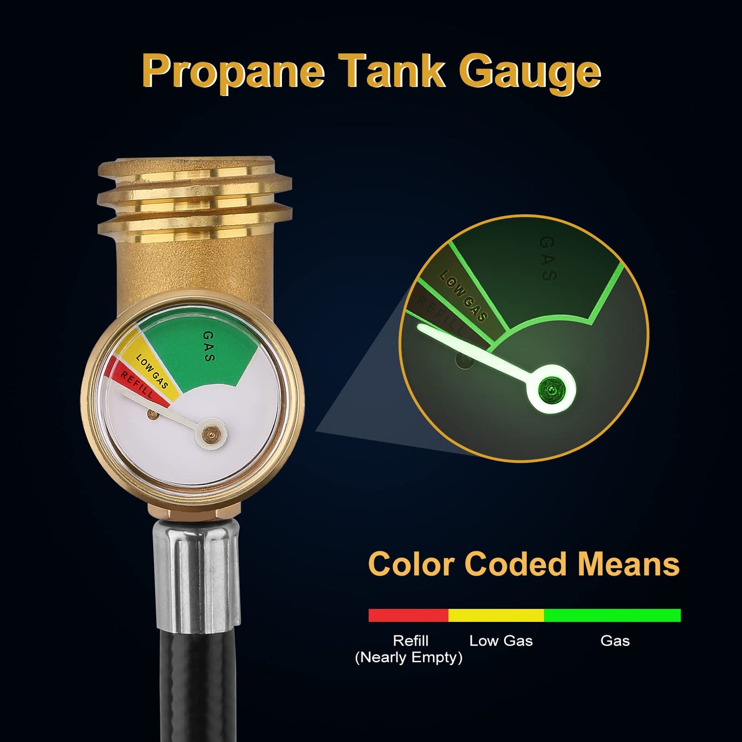 WADEO 12 FT Propane Extension Hose with Gauge and Leak Detector - Fits BBQ, RV, Gas Grill, Heater, Fire Pit and More - Acme to Male QCC/POL Fittings