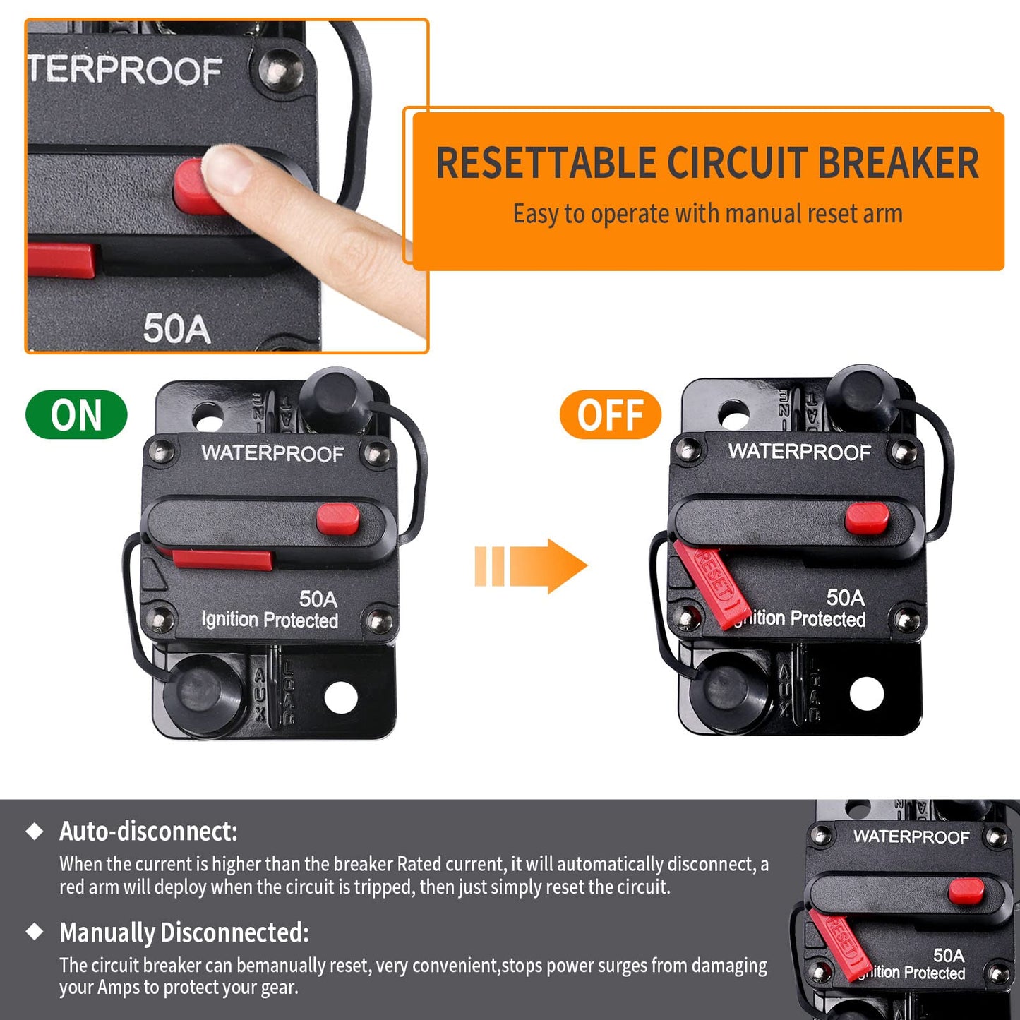 50 Amp Circuit Breaker with Manual Reset Wire Lugs Copper Washer and Screws for Boat Trolling Motor Marine ATV Trailer Vehicles 12V-48V DC Waterproof Audio System Fuse (50A)