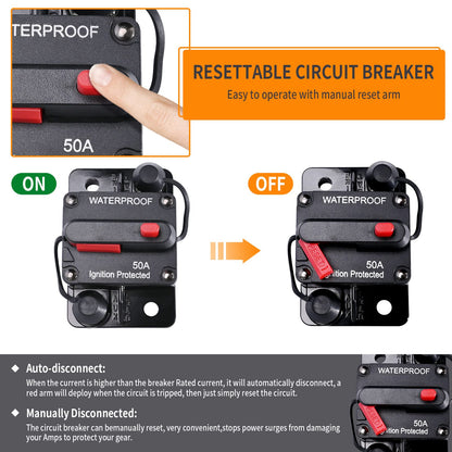 50 Amp Circuit Breaker with Manual Reset Wire Lugs Copper Washer and Screws for Boat Trolling Motor Marine ATV Trailer Vehicles 12V-48V DC Waterproof Audio System Fuse (50A)