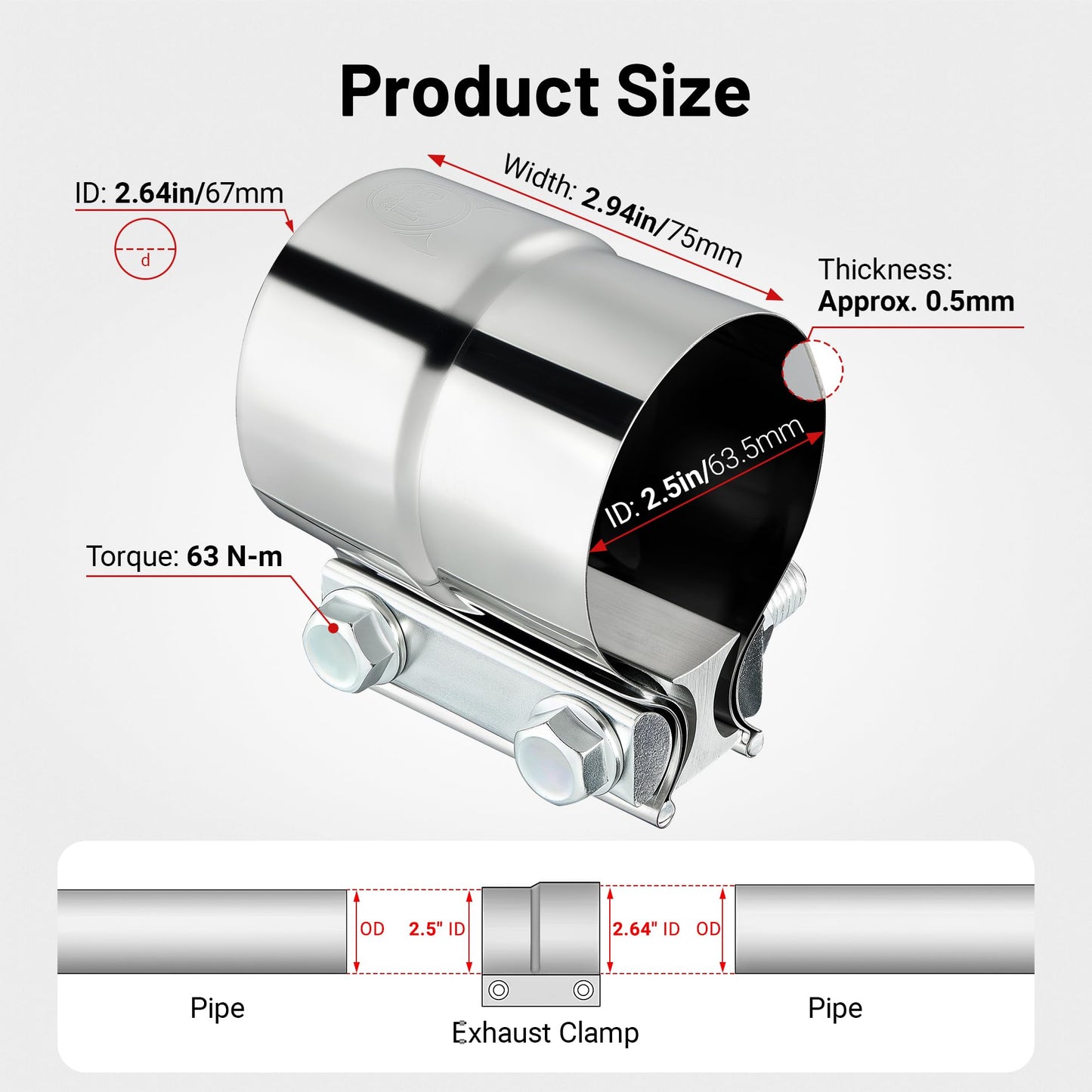 EVIL ENERGY Exhaust Clamp, Lap Joint Band Clamp Stainless Steel (2.5 Inch,2Pcs)