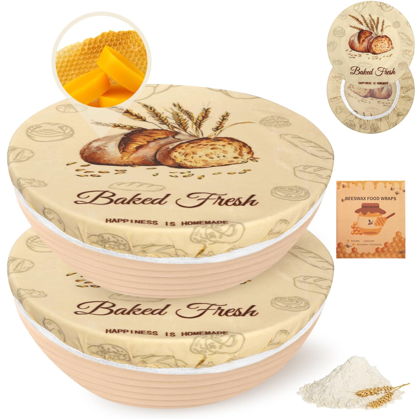 2Pack Beeswax Bowl Covers for Bread Proofing, Large 12inch Sourdough Bowl Covers, Reusable Bowl Covers for Dough Proofing and Food Storage, Elastic Shower Caps for Sourdough Bread