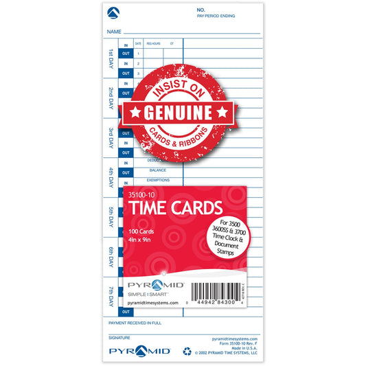 Pyramid 35100-10 Time Cards for use with All Side-Loading Time Clocks, 100/Pk