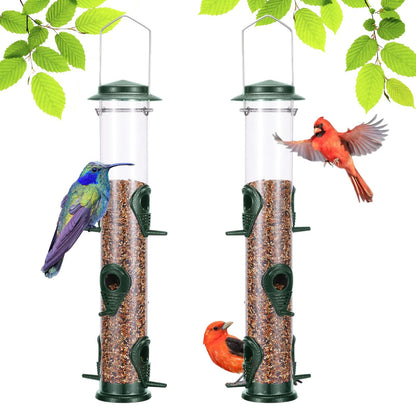MIXXIDEA Metal Wild Bird Feeder Squirrel Proof Bird Feeders for Outside Hanging 6 Port Tube Bird Feeder Transparent Finch Feeder with Steel Hanger (2 PK, Green)