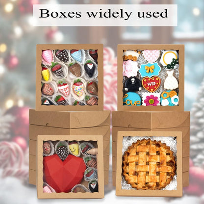 RomanticBaking 24pcs 10x10x2.5 Inches Brown Bakery Boxes with Window Cookies Boxes Pie Boxes Chocolate Covered Strawberries Boxes Cakesicle Browines Box for Christmas Valentine's Day