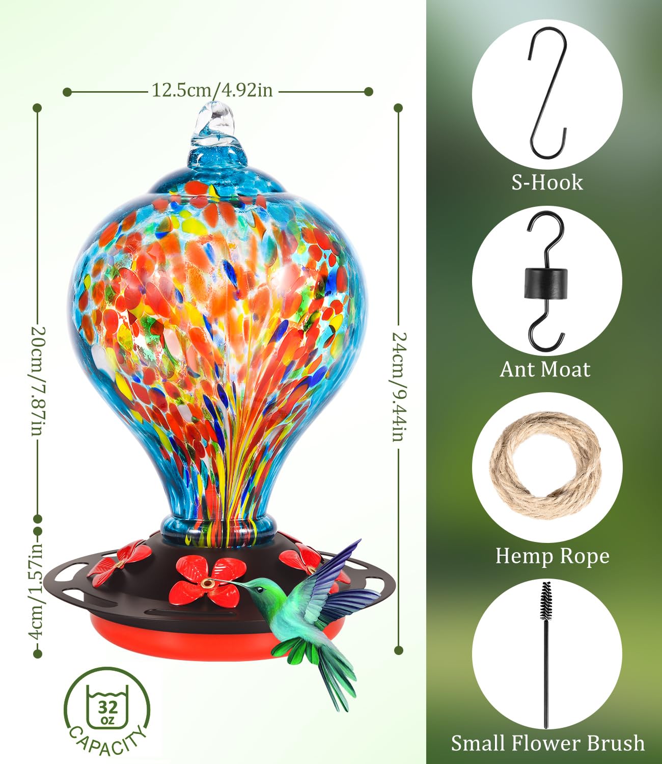 Qmioti Hummingbird Feeders, 32 Ounces Hand Blown Glass Bird Feeder for Outdoor Hanging, 5 Feeding Ports, Ant Moat Included, Bird Nectar Feeder for Garden Backyard Décor, Blue