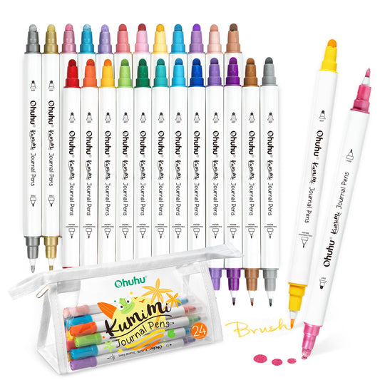 Ohuhu Journal Pens 24 Colors Dot Markers Dual Tips (Calligraphy Brush & Dot) for Adults Water-based Metallic & Regular Colors Dot Pens for Lettering Journal Scrapbooking Coloring Markers - Kumimi
