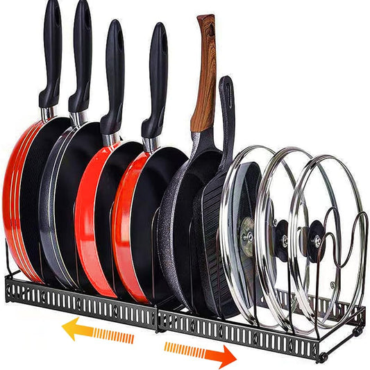 Expandable Pans and Pots Organizer Rack Pot Pan Lid Black Holder for Kitchen Cupboard Cabinet Storage Bakeware Saucepan with 10 Adjustable Dividers (black)