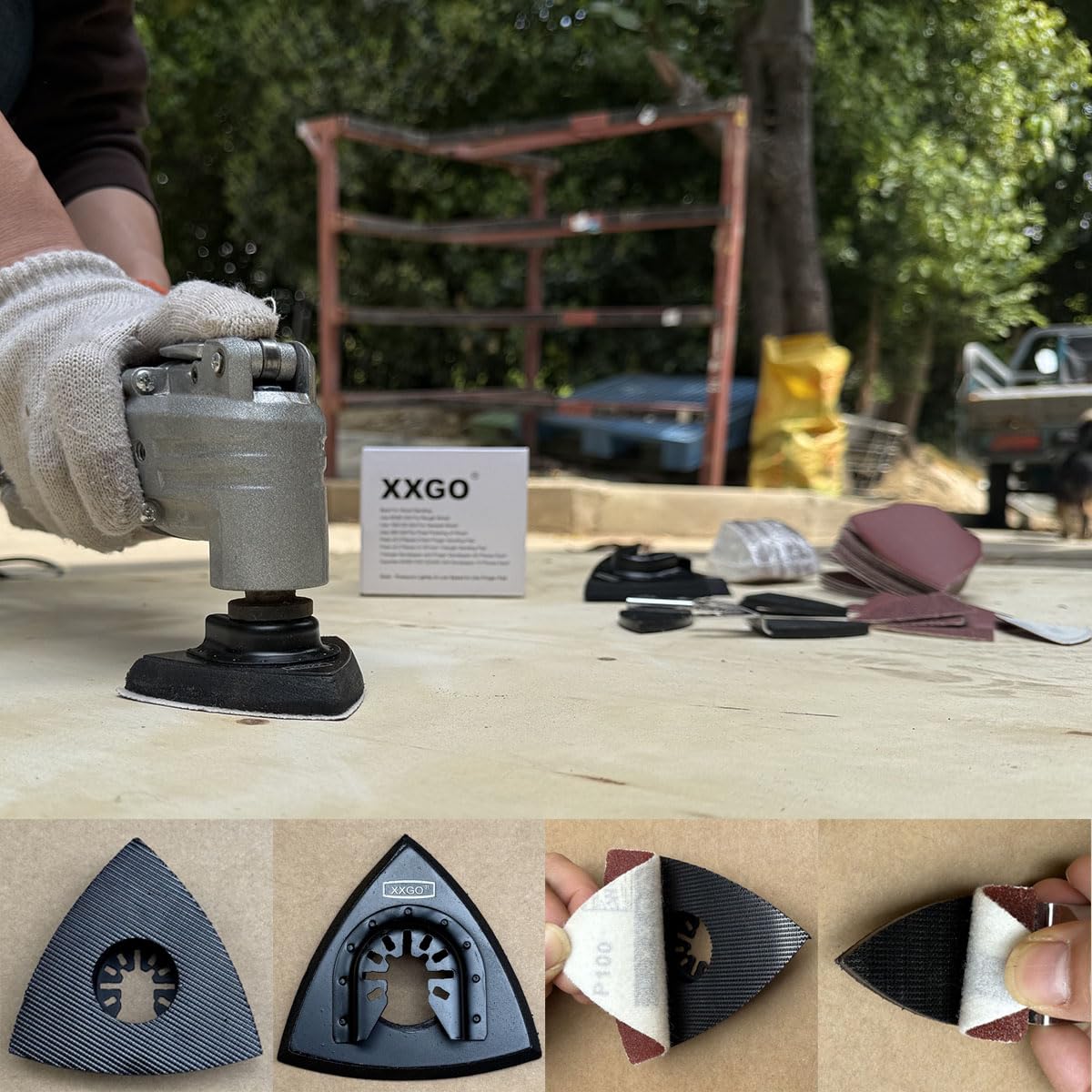 XXGO 105 Pcs Oscillating Multi Tool Sanding Pads Kits 2 Pcs Triangle Sanding Pads 3 Pcs Finger Sanding Pads 100 Pcs Multi Tool Sandpaper for Wood Sanding XG3105