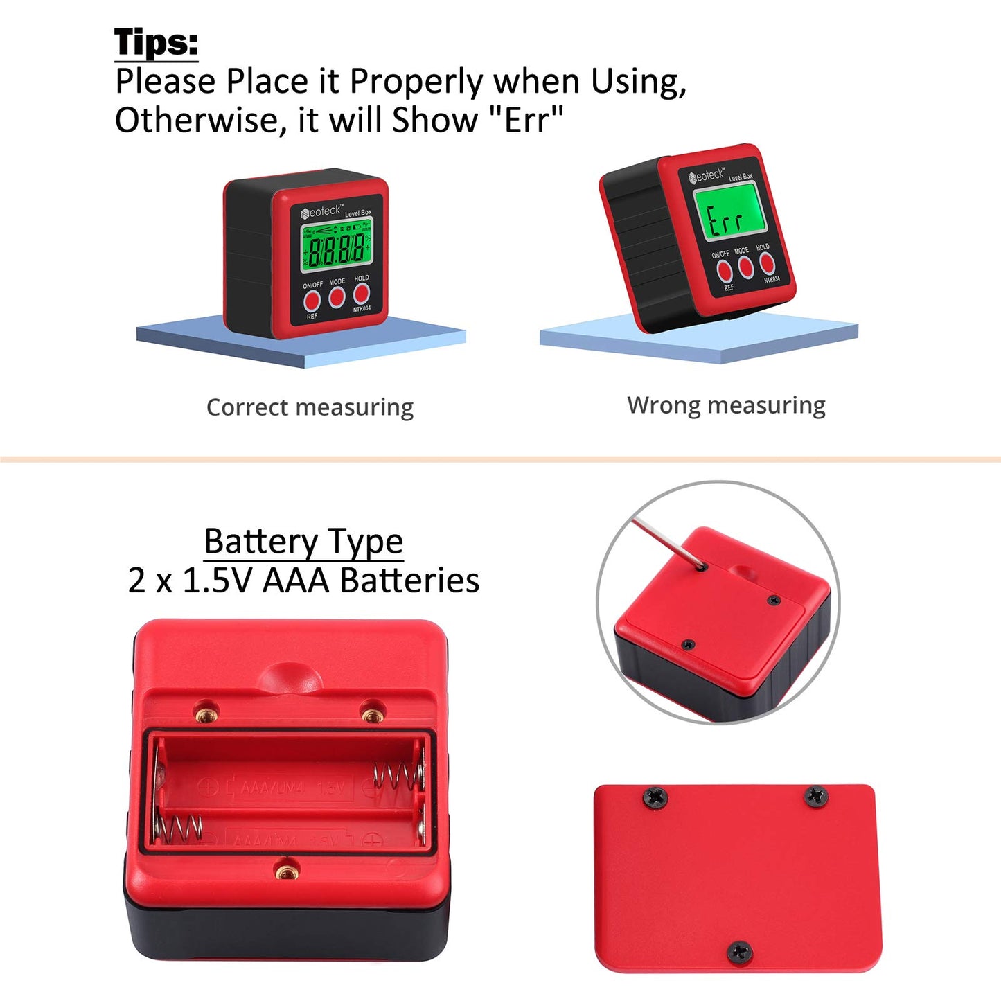 Neoteck Digital Angle Finder Digital Angle Gauge with LCD Backlight Protractor IP54 Waterproof Inclinometer Level Box for Bevel Angle of Miter Saw Automobile Test and Repair and Woodworking-Red