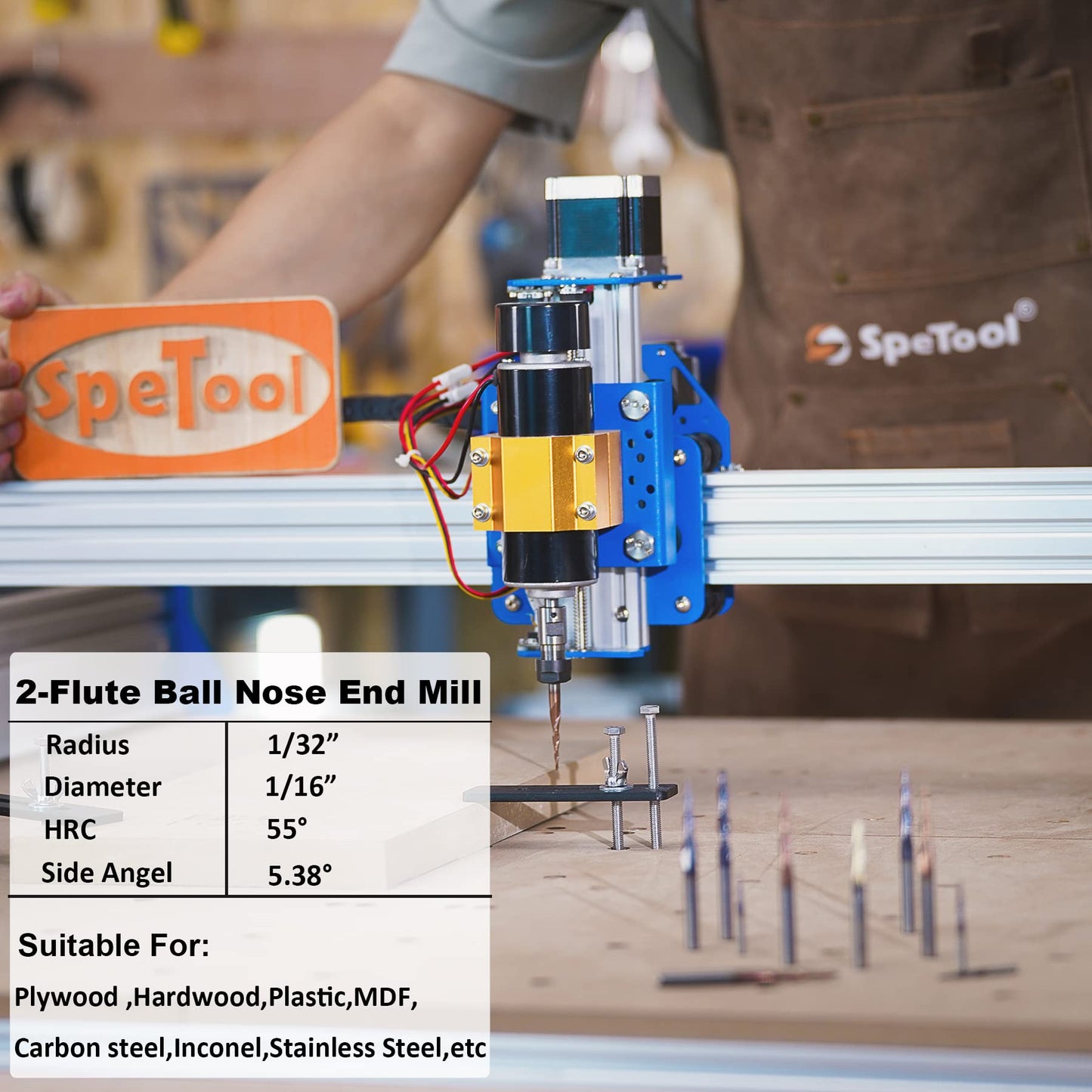 SpeTool Tapered Ball Nose End Mill 1/4" Shank with 1/32" Cutting Radius for 3D Carving Engraving Router Bit, ZrN Coated