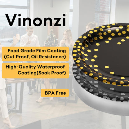 100Pcs Black and Gold Party Supplies, Black Plates Disposable for Party, 7inch Round Black and Gold Plates, Dinner Plates Golden Foil Polka Dots (Black, 7inch - 100pcs)