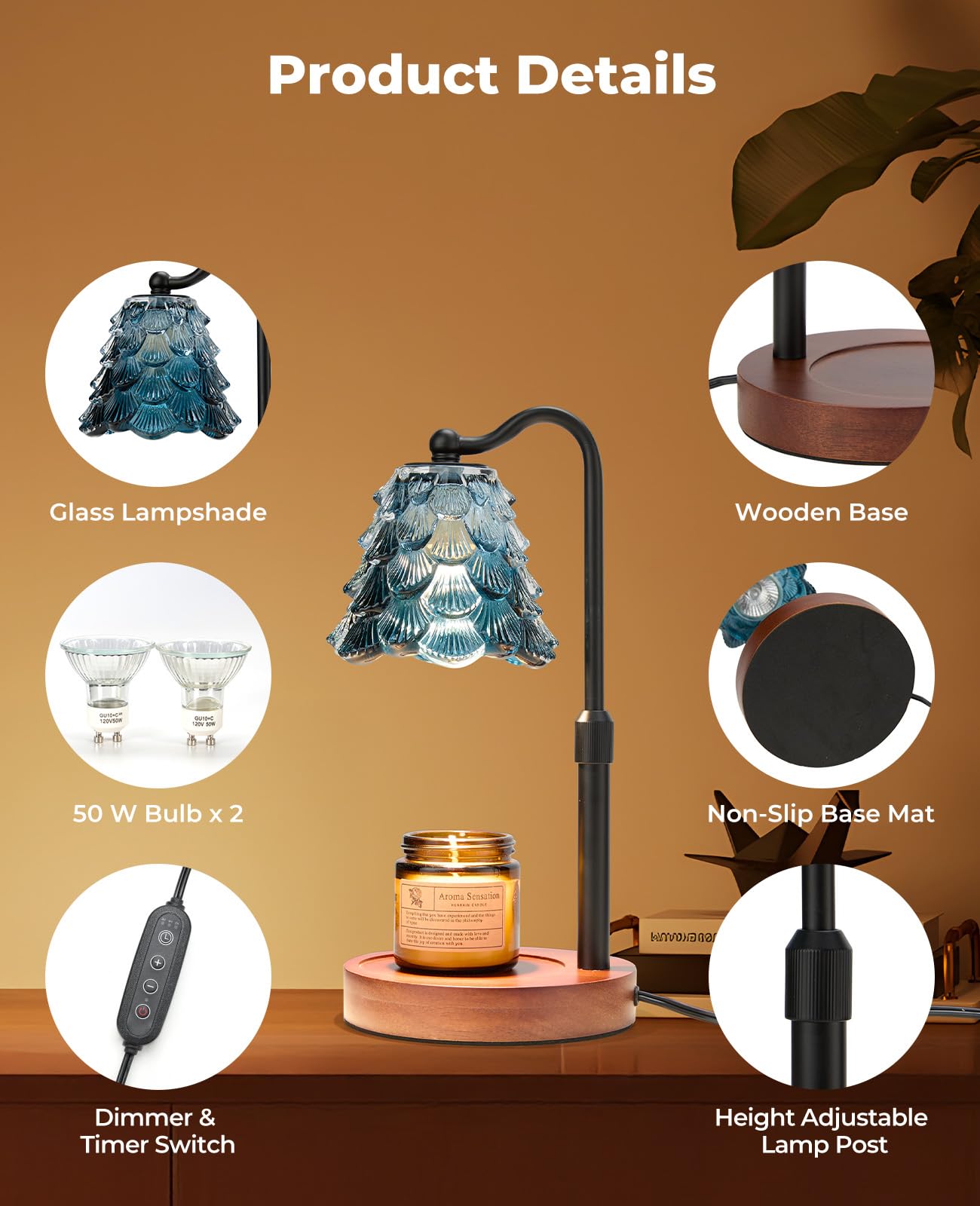 Candle Warmer Lamp, Candle Warmer with Timer and Dimmer, Adjustable Height Electric Candles Lamp with 2 Bulbs for Scented Jar, Wax Melter Lamp for Home Decor, Gifts for Women