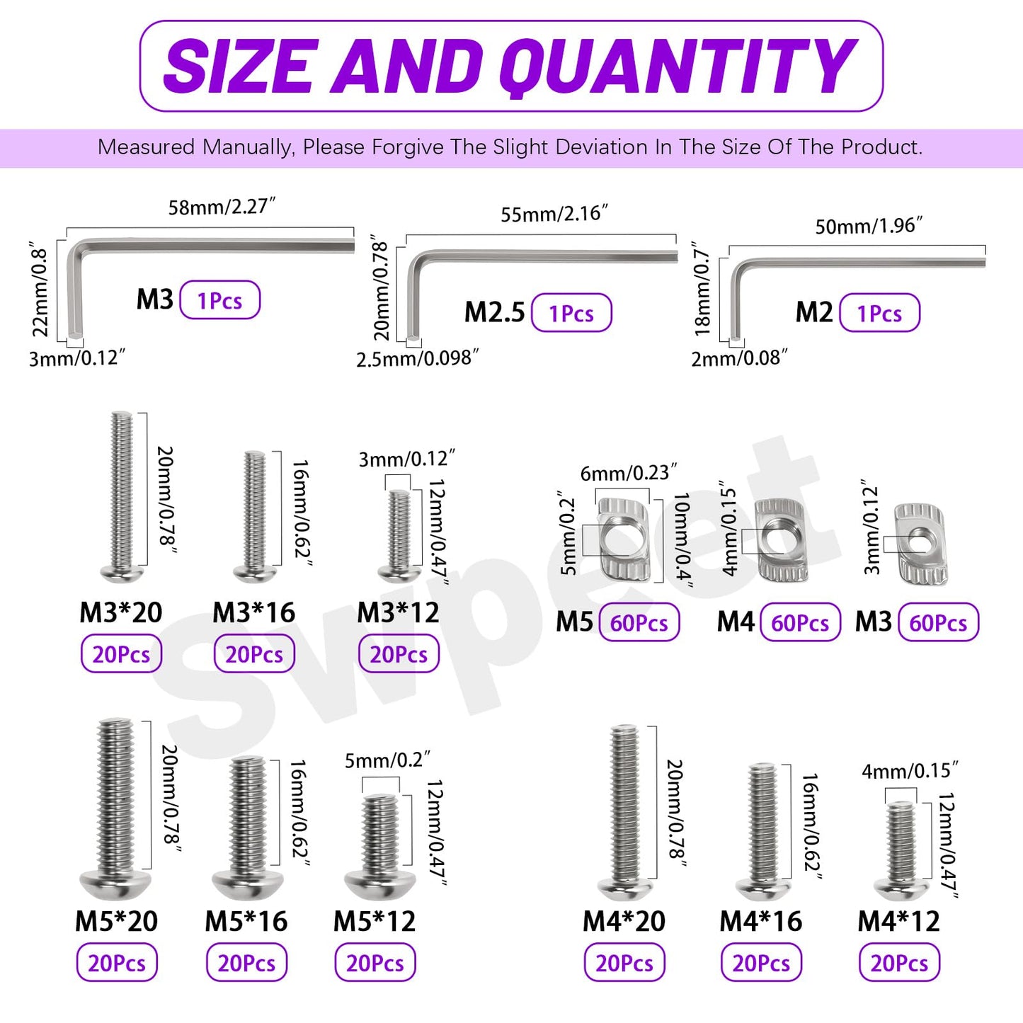 Swpeet 363Pcs M3 M4 M5 Nickel Plated T Nuts Screw with Hex Wrench Assortment Kit, T Slot Nut Hammer Head Fastener, Button Head Hex Socket Head Cap Bolts for 2020 Series Aluminum Profile Groove