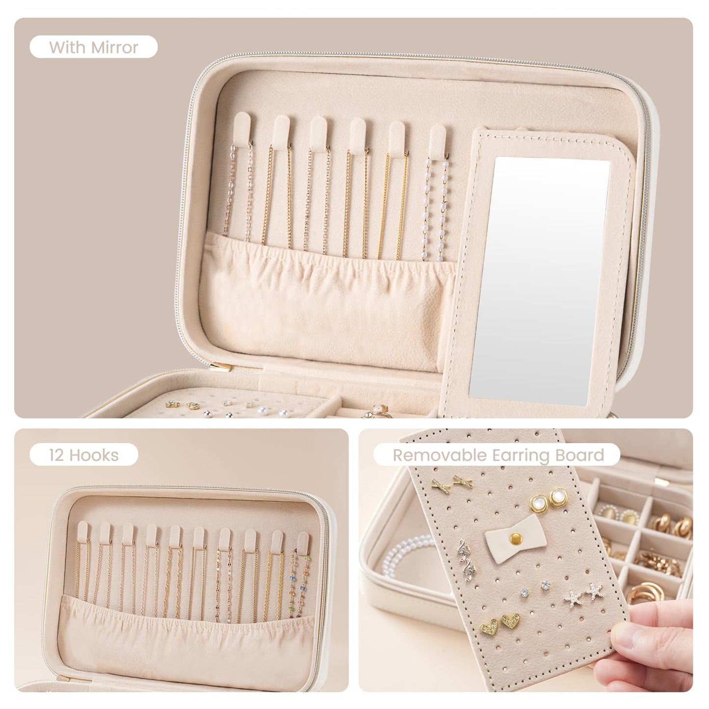 Lolalet Travel Jewelry Case for Women, Travel Jewelry Organizer Box with Mirror & Clear Storage Bag, Small Portable Traveling Ring Case for Earrings Necklace Bracelet Rings -Medium, White