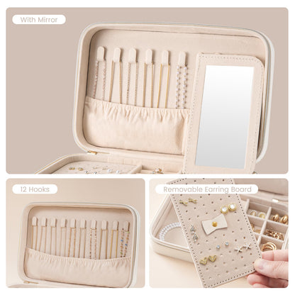 Lolalet Travel Jewelry Case for Women, Travel Jewelry Organizer Box with Mirror & Clear Storage Bag, Small Portable Traveling Ring Case for Earrings Necklace Bracelet Rings -Medium, White