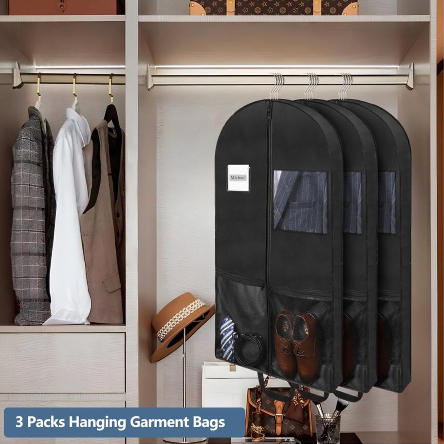 Belinlen 3pack 43" Garment Bags for Travel Hanging Clothes Suit Bag with 4" Gussetes for Cover Clothes Protection Suit Garment Bag with 2 Mesh Pockets and 2 Carry Handles (Black)