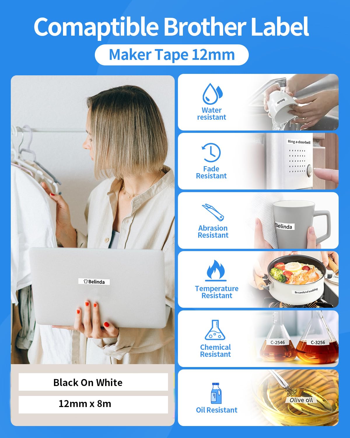 5PK Tze-231 PTH110 D210 Label Maker Tape 12mm Compatible with Brother P Touch Label Tape 12mm Tze231, Compatible for Brother P-Touch PT-D200 D220 D400AD H110 H200BP D600 1230, Tze Tz 12 mm 0.47 White