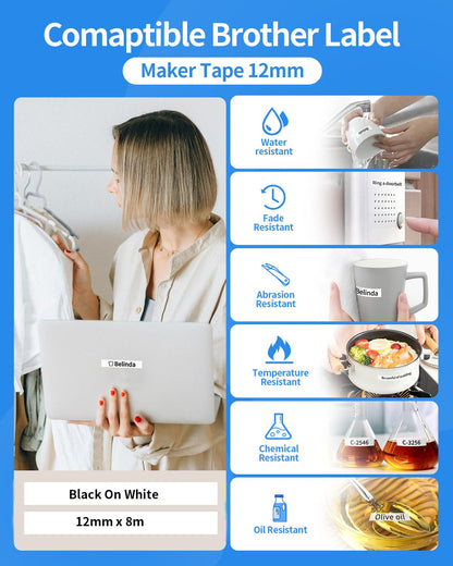 5PK Tze-231 PTH110 D210 Label Maker Tape 12mm Compatible with Brother P Touch Label Tape 12mm Tze231, Compatible for Brother P-Touch PT-D200 D220 D400AD H110 H200BP D600 1230, Tze Tz 12 mm 0.47 White