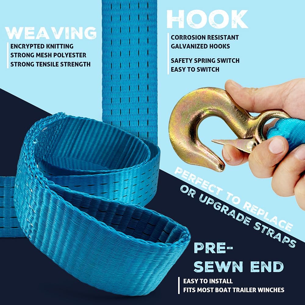 X5MPLXPMX Heavy-Duty Marine-Grade Boat Trailer Winch Strap Kit (2" x 20', 12,000 lbs Break Strength) for PWC, Pontoons & Fishing Boats – Includes Forged Hook & Work Gloves, Blue